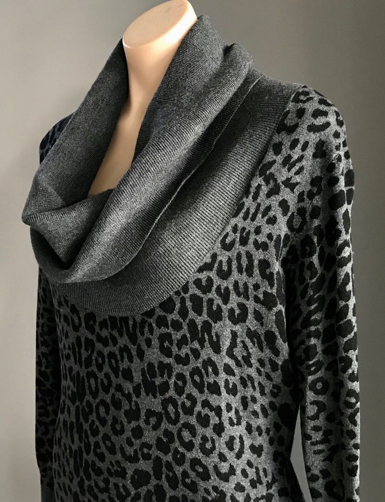 EVENTS Knit Dress Grey & Black Leopard Print Cowl Neck Ladies Size L  14 Luxe
