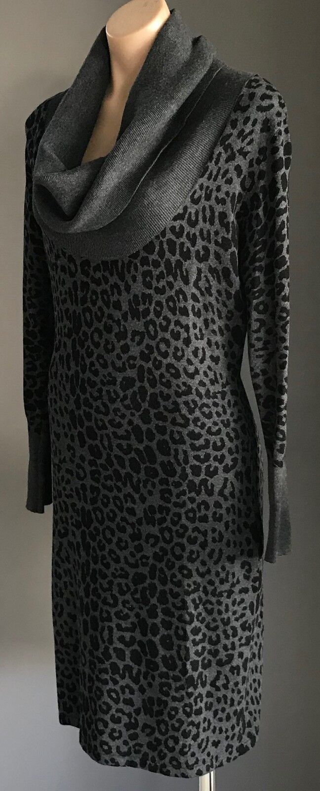 EVENTS Knit Dress Grey & Black Leopard Print Cowl Neck Ladies Size L  14 Luxe