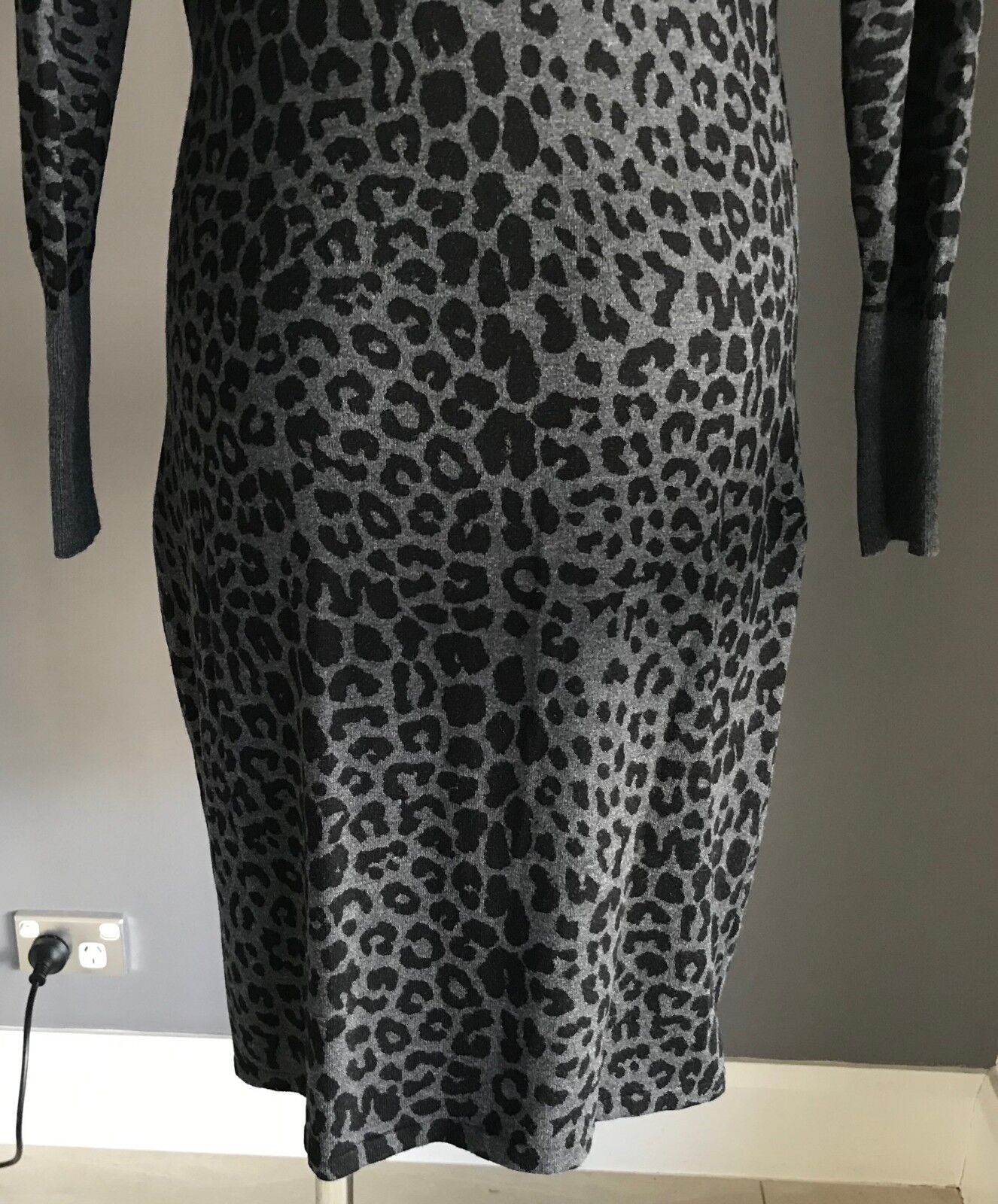 EVENTS Knit Dress Grey & Black Leopard Print Cowl Neck Ladies Size L  14 Luxe
