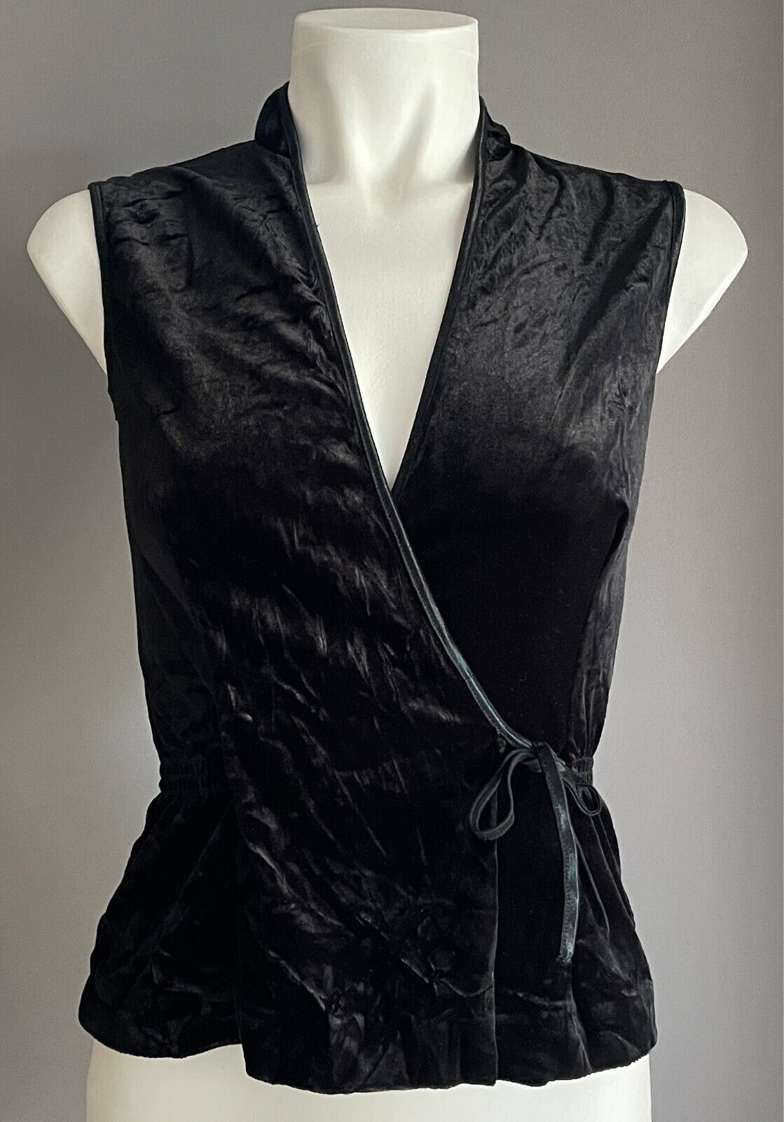 EVENTS Black Velour Sleeveless Wrap Top Size 6 Side Tie Elasticised Waist
