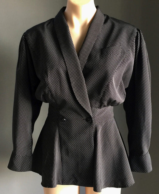 PRIVATE LABEL by EVENTS Jacket Black & White Dot Peplum Waist Size 10 Vintage