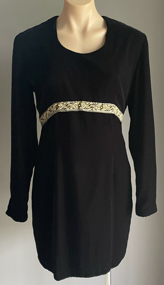 EVENTS Mini Dress Black Velvet Long Sleeve  w Gold Ribbon Trim Size 12 Vintage