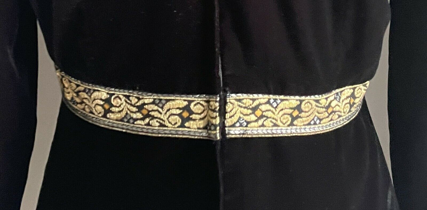 EVENTS Mini Dress Black Velvet Long Sleeve  w Gold Ribbon Trim Size 12 Vintage
