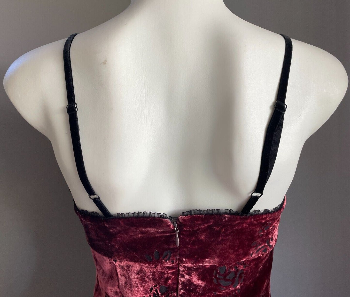 EVENTS Column Dress Maroon Velour Black Roses Self Print Bra Like Strap Size 6 8