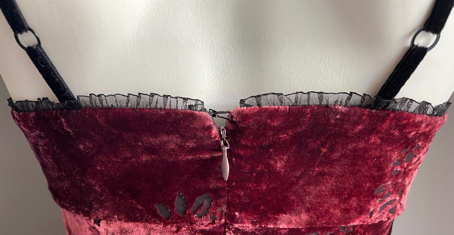 EVENTS Column Dress Maroon Velour Black Roses Self Print Bra Like Strap Size 6 8