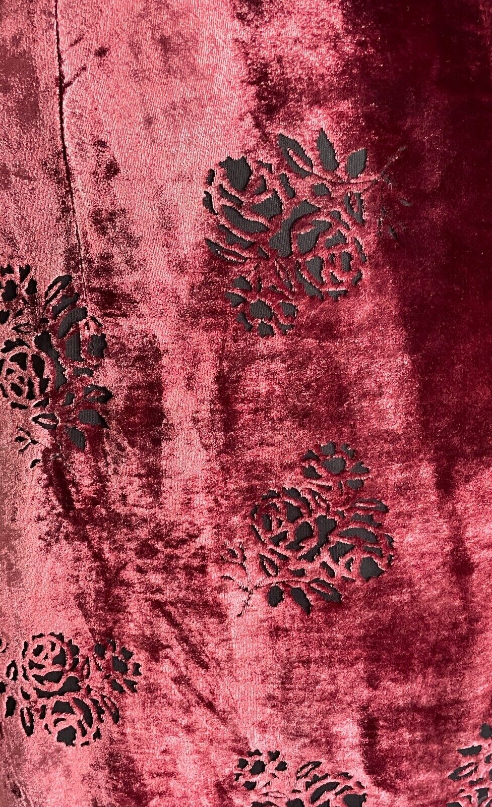EVENTS Column Dress Maroon Velour Black Roses Self Print Bra Like Strap Size 6 8