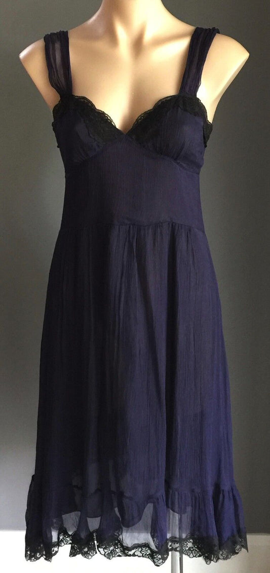 COOPER ST Dress Blue Silk Empire Waist w Black Lace Trim Ladies Size 10
