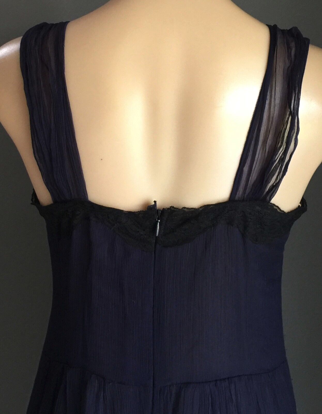 COOPER ST Dress Blue Silk Empire Waist w Black Lace Trim Ladies Size 10