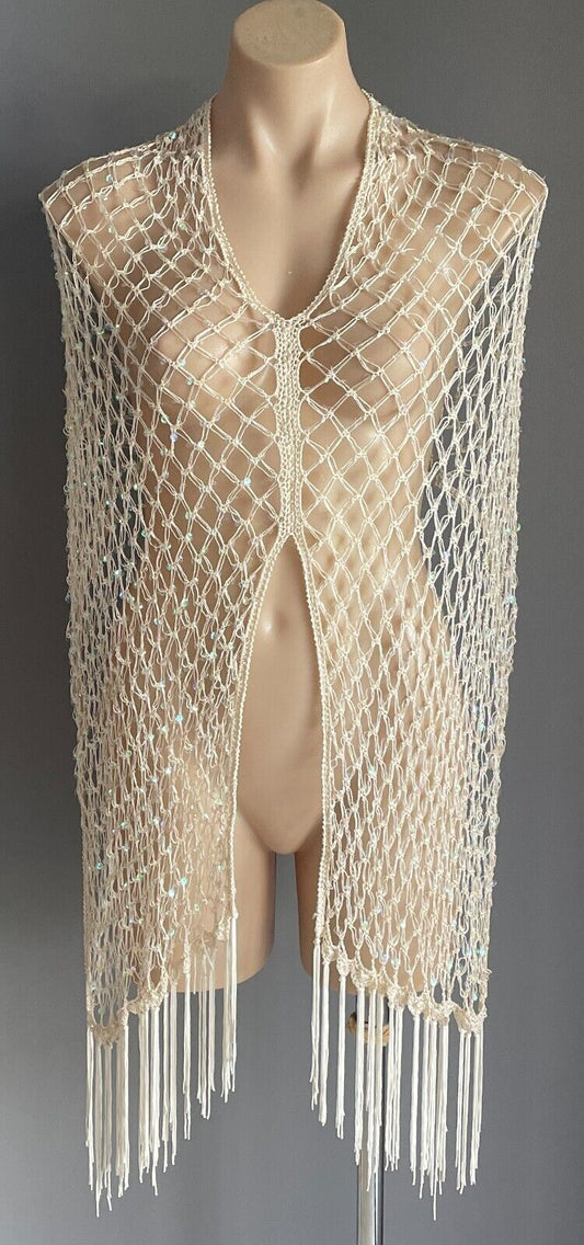 SISCO Poncho Cape Shawl Fringe Hem Sequin Mesh Net Evening Elegant Cream Sz 8 12