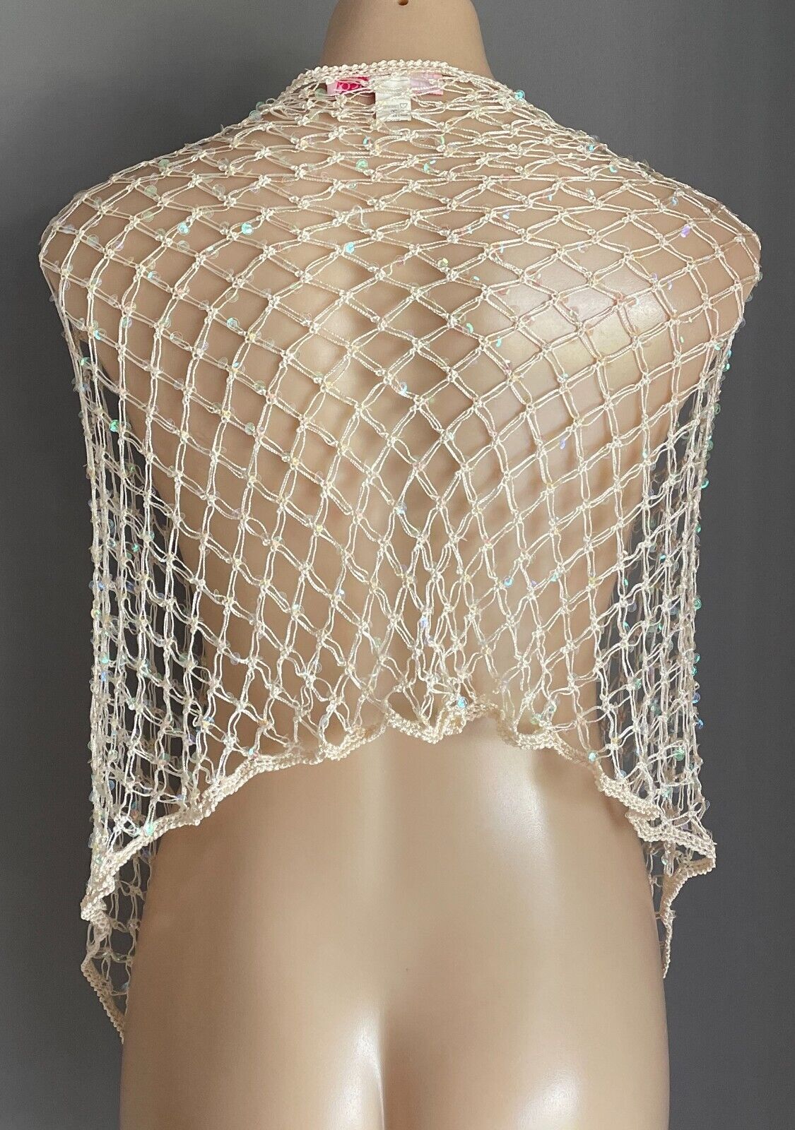 SISCO Poncho Cape Shawl Fringe Hem Sequin Mesh Net Evening Elegant Cream Sz 8 12