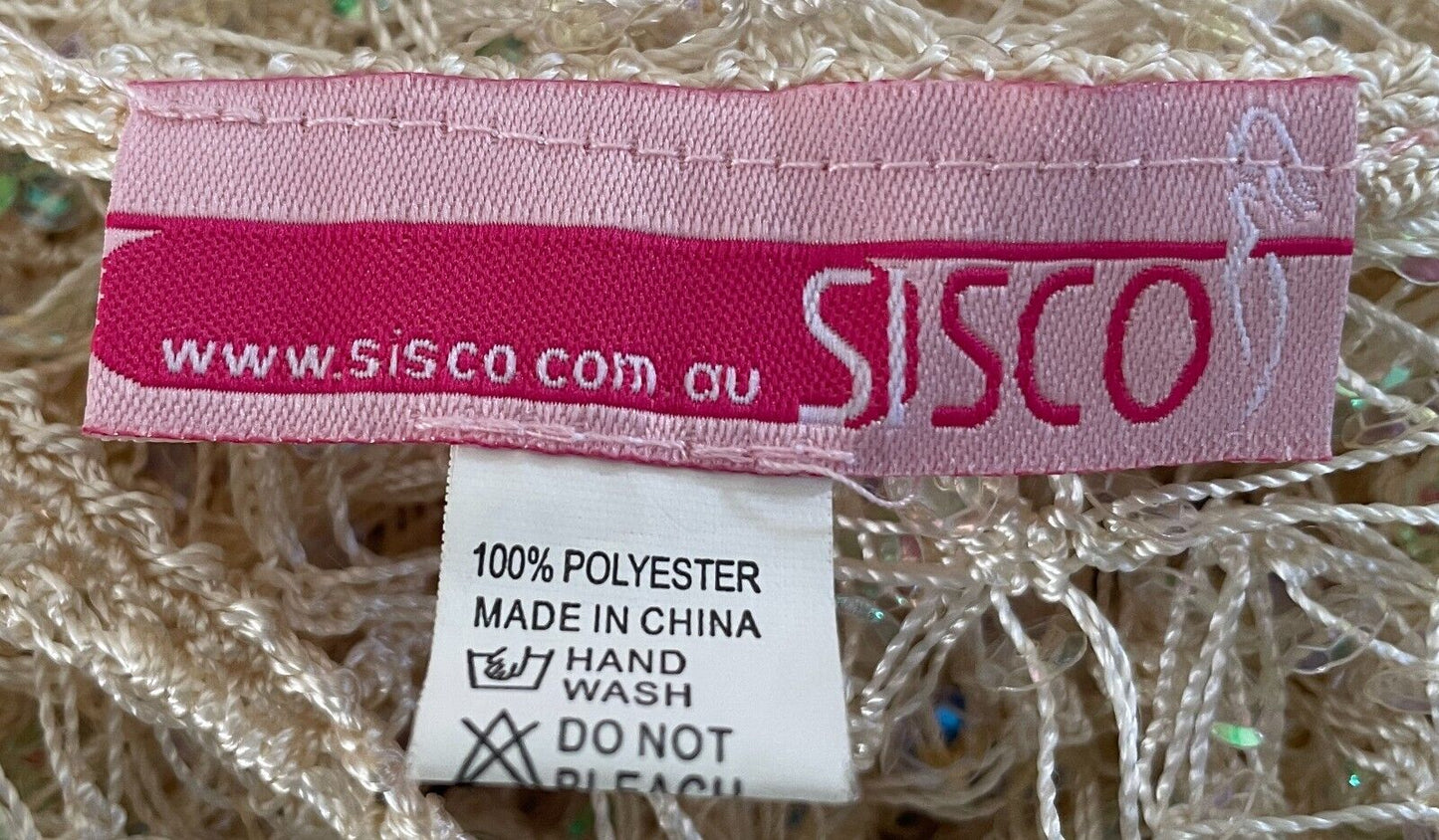 SISCO Poncho Cape Shawl Fringe Hem Sequin Mesh Net Evening Elegant Cream Sz 8 12