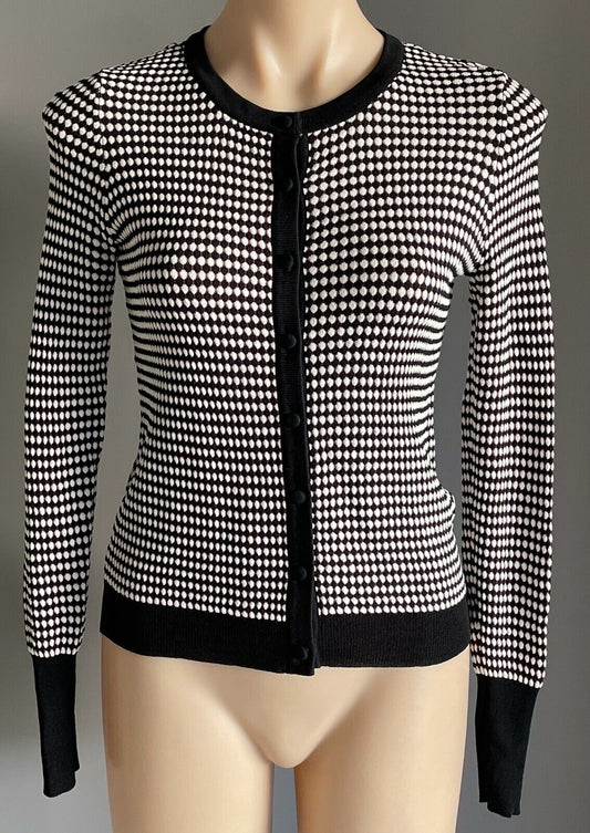 ZARA Knit Cardigan Black White Brown Geometric Long Sleeve Stretch Size M 10
