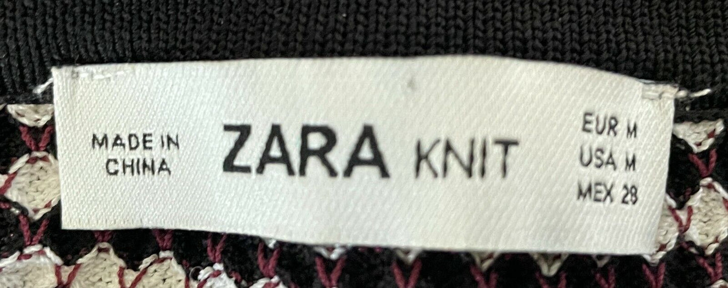 ZARA Knit Cardigan Black White Brown Geometric Long Sleeve Stretch Size M 10