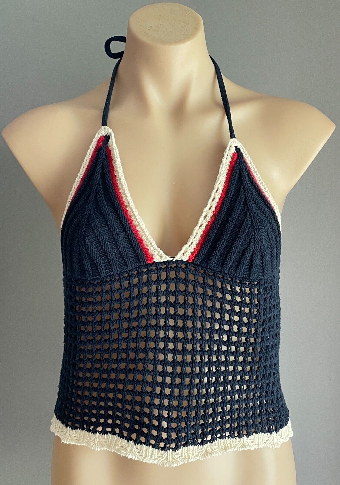 ZARA TRF Crochet Crop Top Halter Neck Navy White & Red Trim Size EU S AU 10
