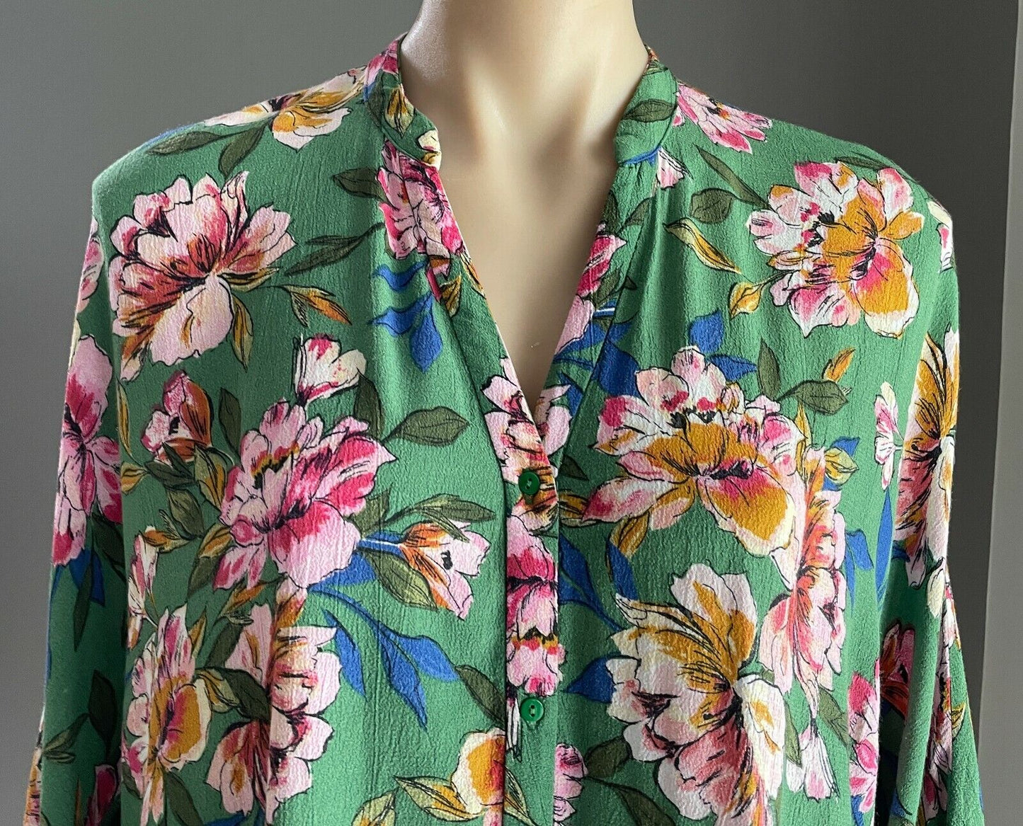 ZARA TRF Top Loose Long Green Floral Buttoned Sh/Sleeve Shirt Top Sz EU S AU 12