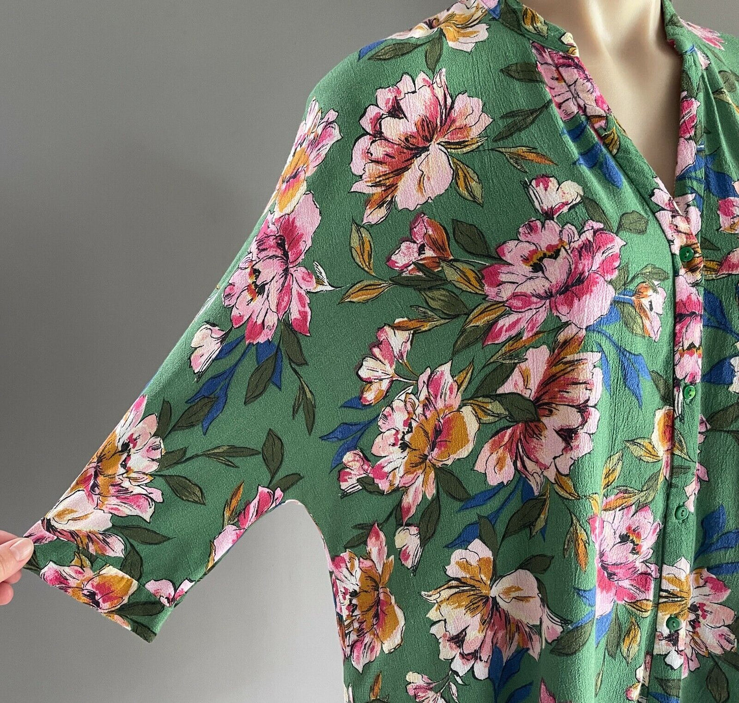 ZARA TRF Top Loose Long Green Floral Buttoned Sh/Sleeve Shirt Top Sz EU S AU 12