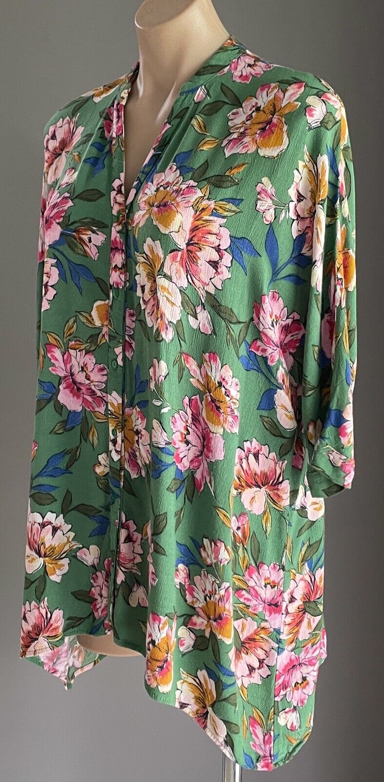 ZARA TRF Top Loose Long Green Floral Buttoned Sh/Sleeve Shirt Top Sz EU S AU 12