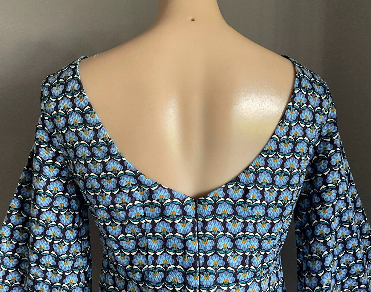 ZARA TRAFALUC Shift Dress Blue Geo Floral Print Bell Sleeves Mini Size EUR L NEW