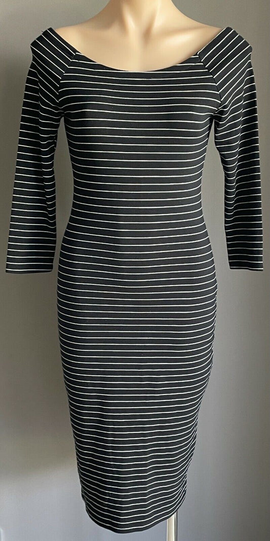 ZARA TRAFALUC Bodycon Black White Stripe 3/4 Sleeve Stretch Midi Dress Size EU L