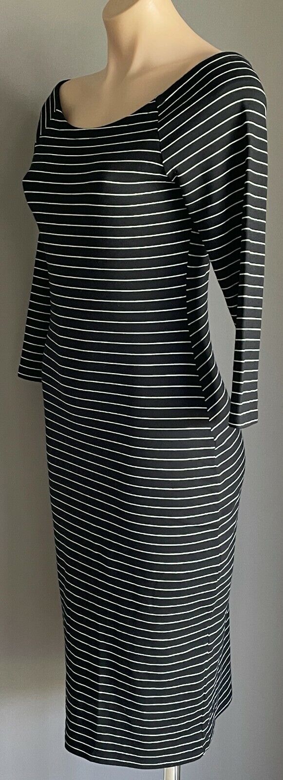 ZARA TRAFALUC Bodycon Black White Stripe 3/4 Sleeve Stretch Midi Dress Size EU L
