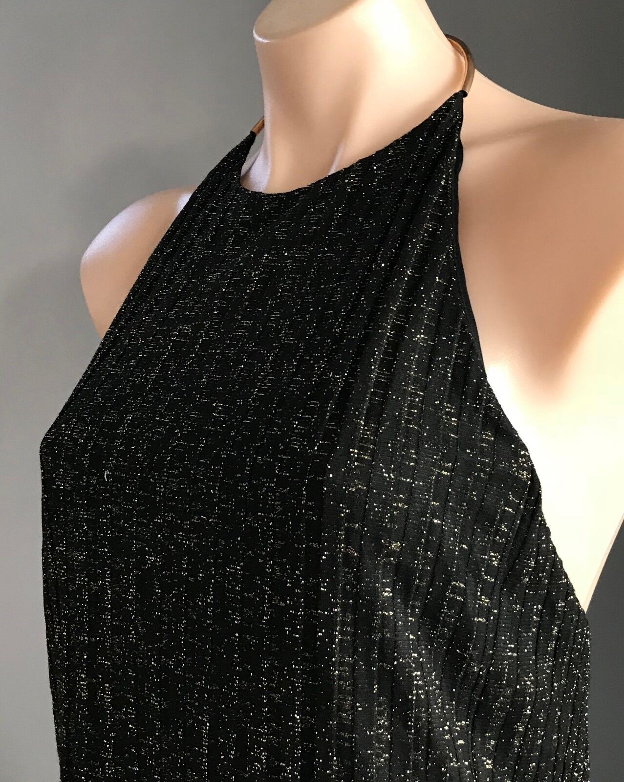 ZARA Dip Hem Top Black & Gold Metallic Lurex Gold Choker Halter Neck S 8 10 NEW