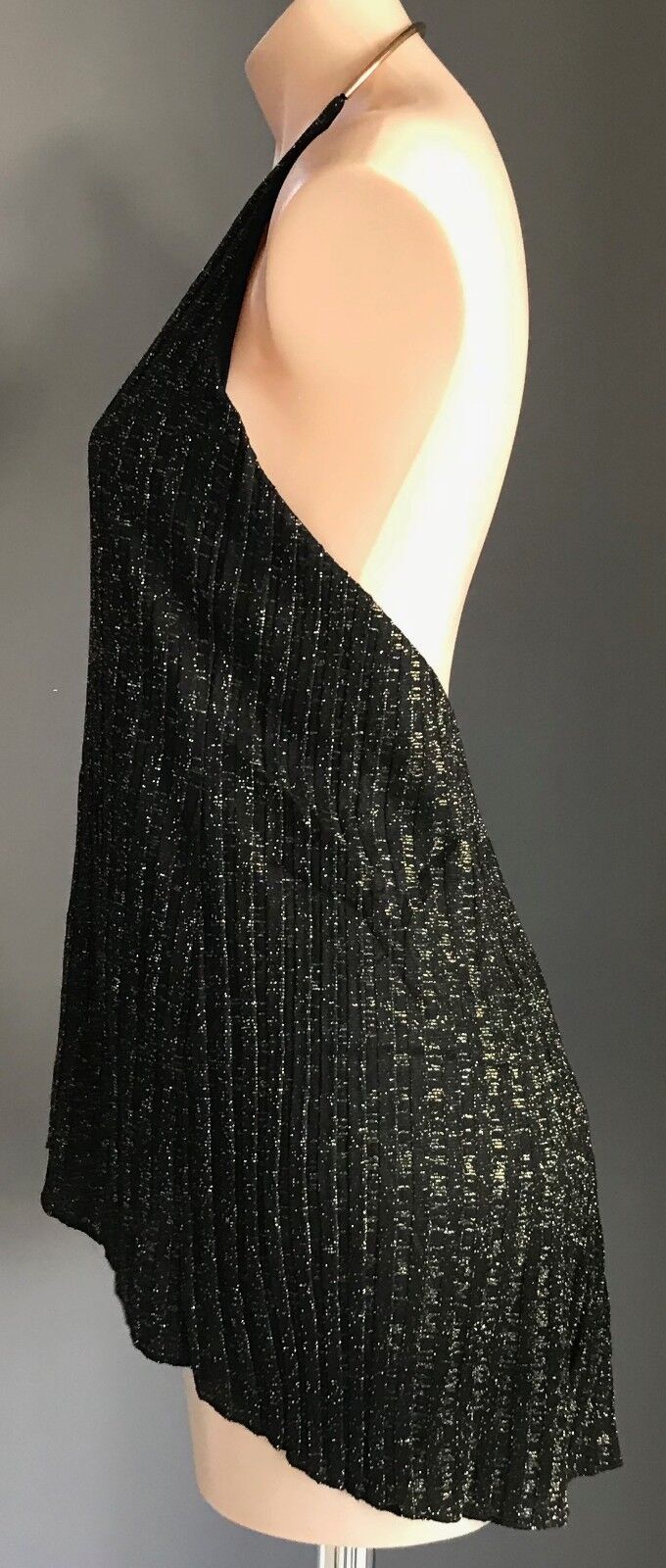 ZARA Dip Hem Top Black & Gold Metallic Lurex Gold Choker Halter Neck S 8 10 NEW