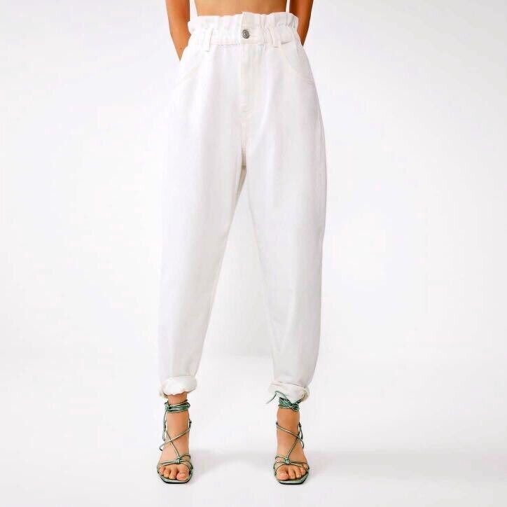 ZARA White Denim Jeans Paperbag Waist Baggy  Women's Size EUR 32 AU 4