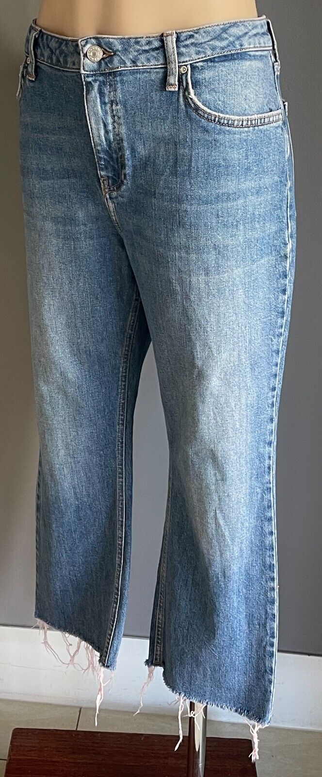 TOPSHOP Moto Dree Size 16 Jeans Straight Leg Crop Denim Fray Hem W34 L30 AU 16