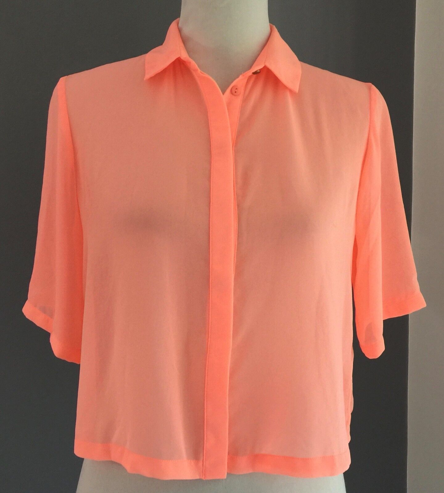TOPSHOP Top Crop Button Shirt Bright Orange Neon Sheer BACK PLEATS Size 8 10