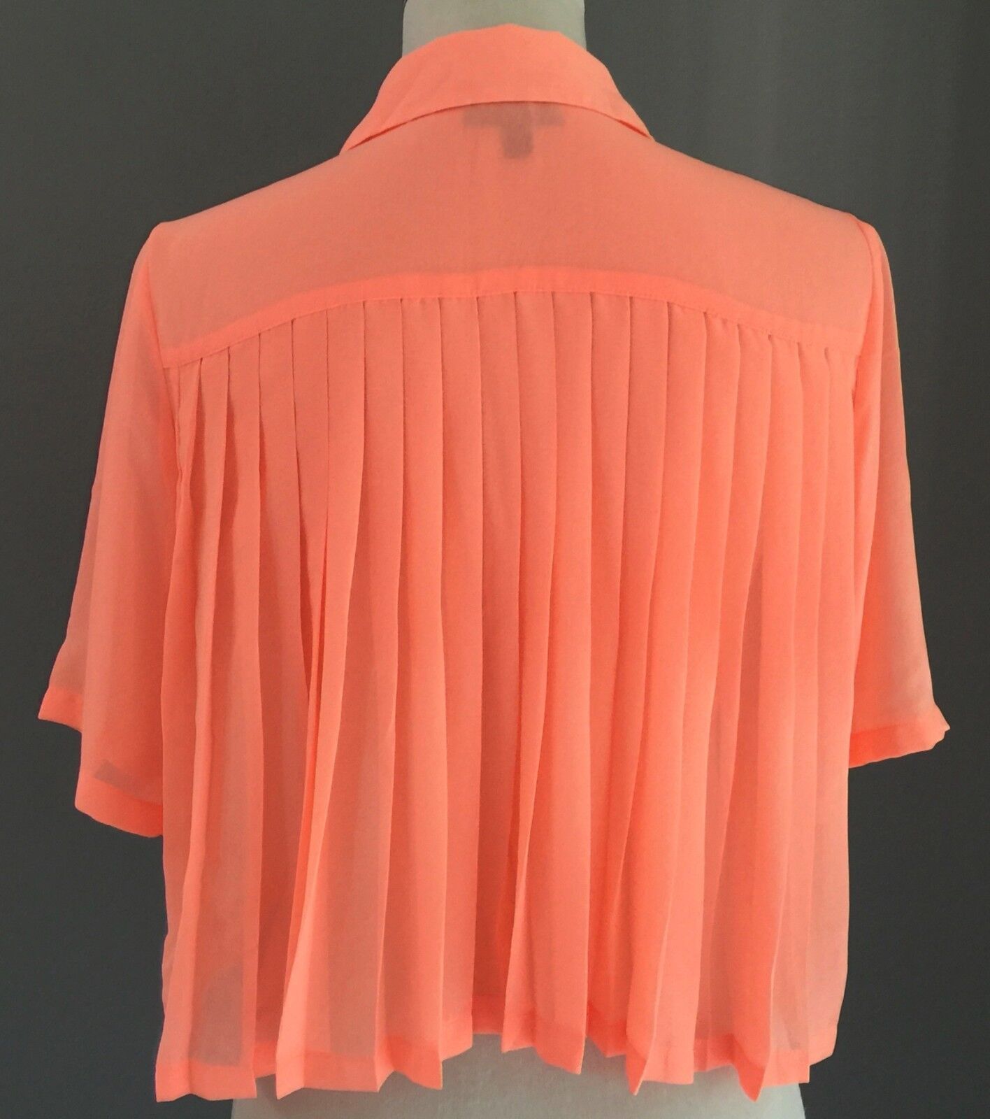TOPSHOP Top Crop Button Shirt Bright Orange Neon Sheer BACK PLEATS Size 8 10