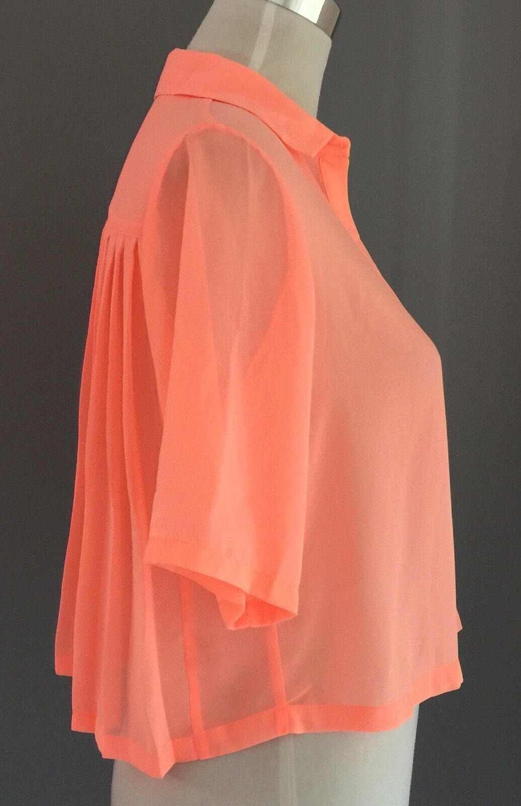 TOPSHOP Top Crop Button Shirt Bright Orange Neon Sheer BACK PLEATS Size 8 10