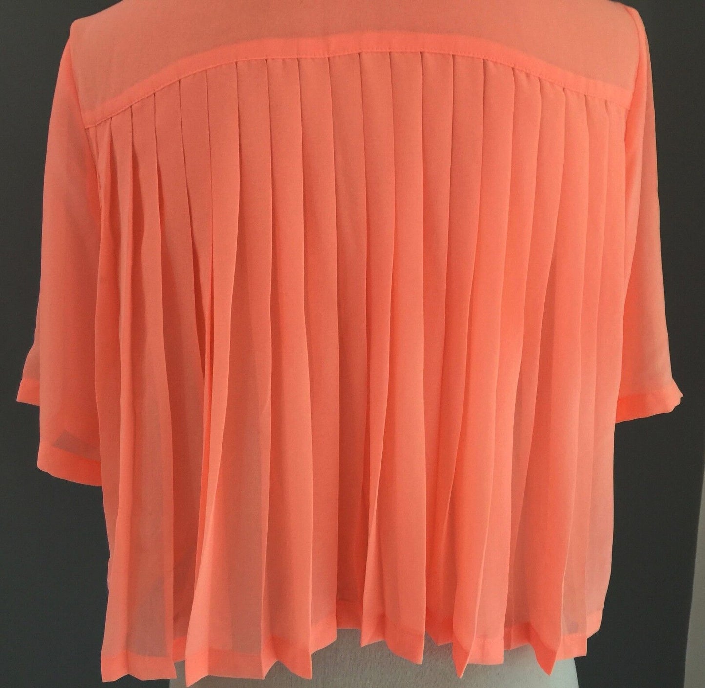 TOPSHOP Top Crop Button Shirt Bright Orange Neon Sheer BACK PLEATS Size 8 10
