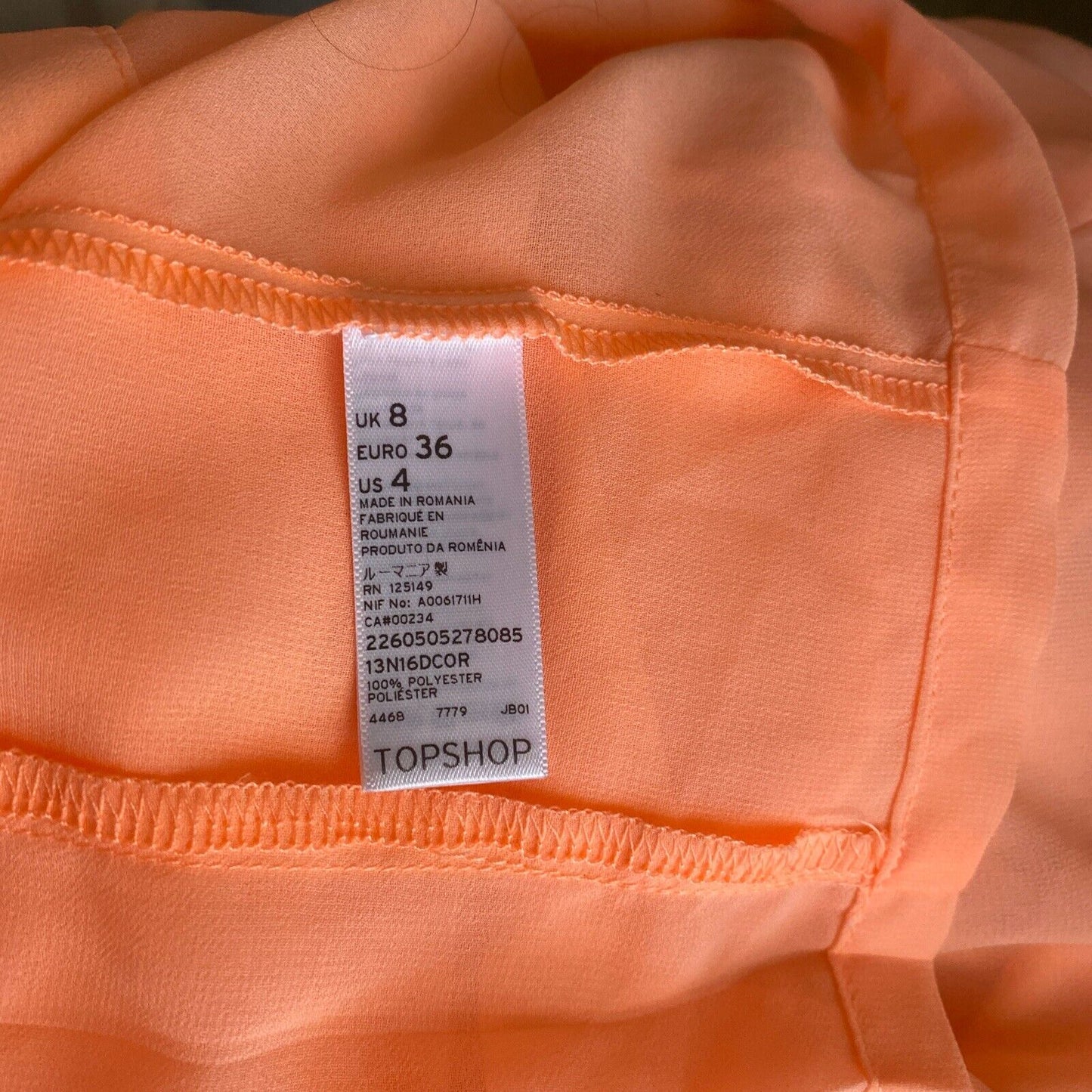 TOPSHOP Top Crop Button Shirt Bright Orange Neon Sheer BACK PLEATS Size 8 10