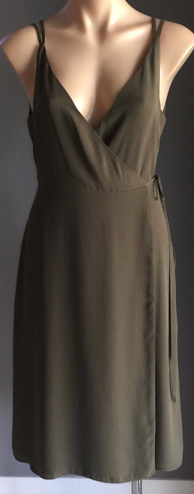 TOPSHOP PETITE Midi Dress Wrap Slip Khaki Green Ladies Size 8 10 NEW