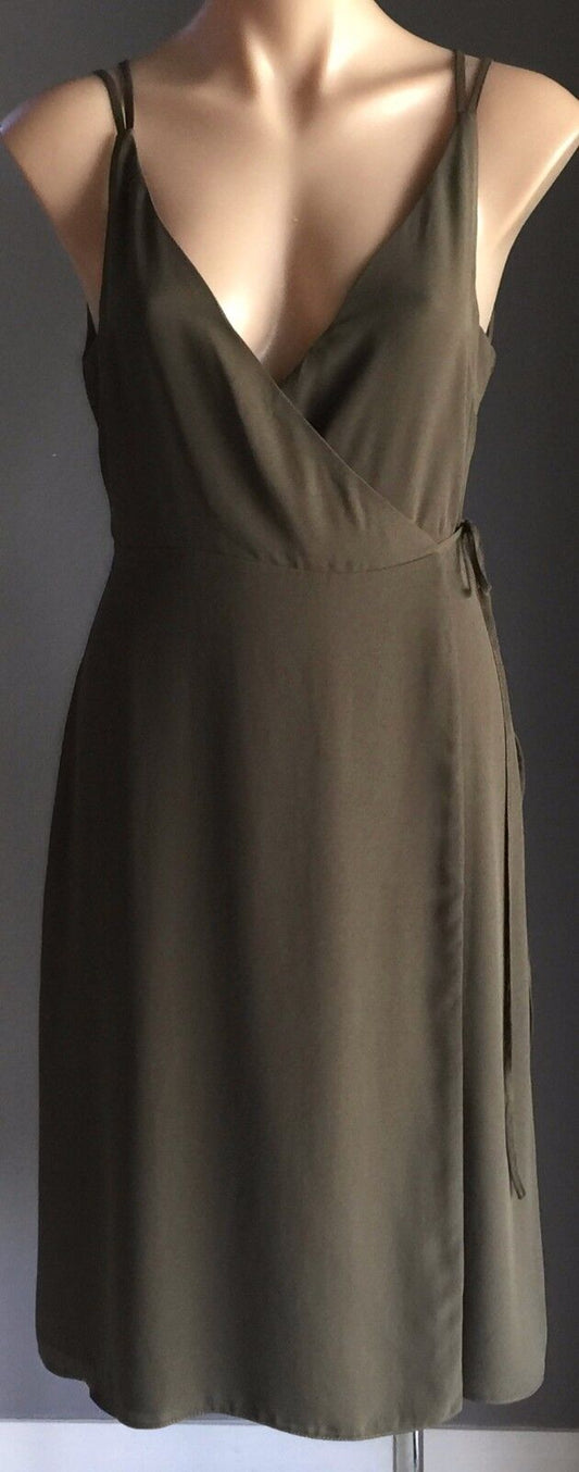 TOPSHOP PETITE Midi Dress Wrap Slip Khaki Green Ladies Size 8 10 NEW