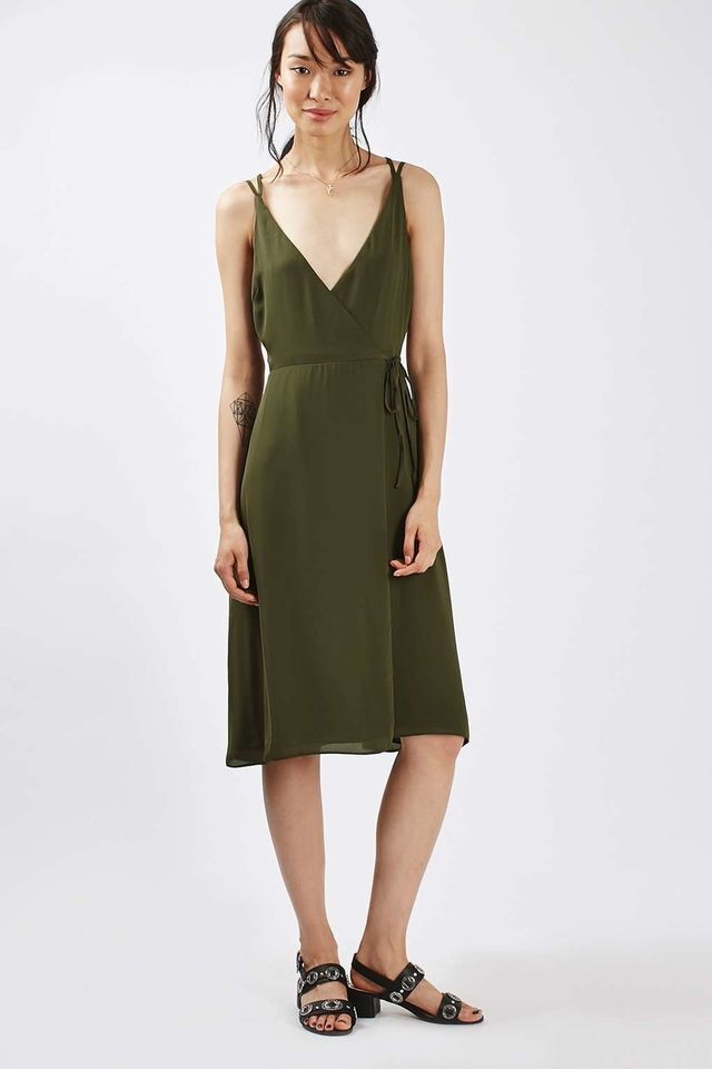 TOPSHOP PETITE Midi Dress Wrap Slip Khaki Green Ladies Size 8 10 NEW