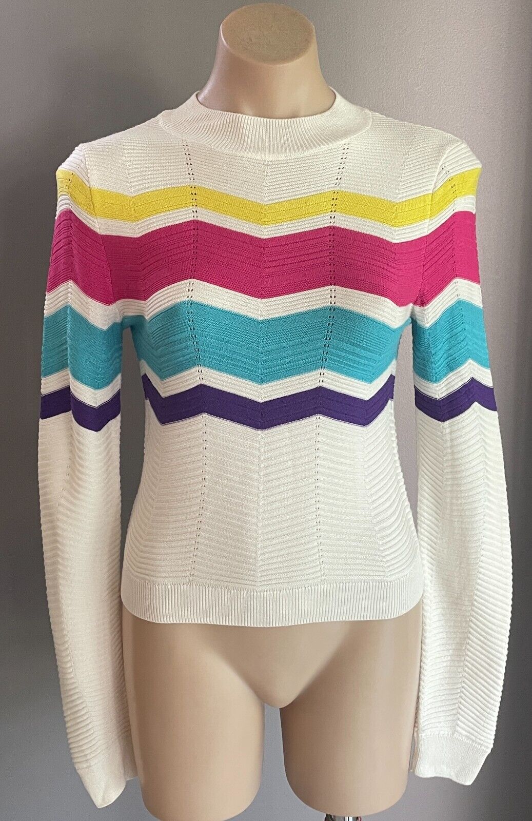 TOPSHOP Sweater White & Multicoloured Zig Zag Pattern High Neck Fine Knit Sz 10