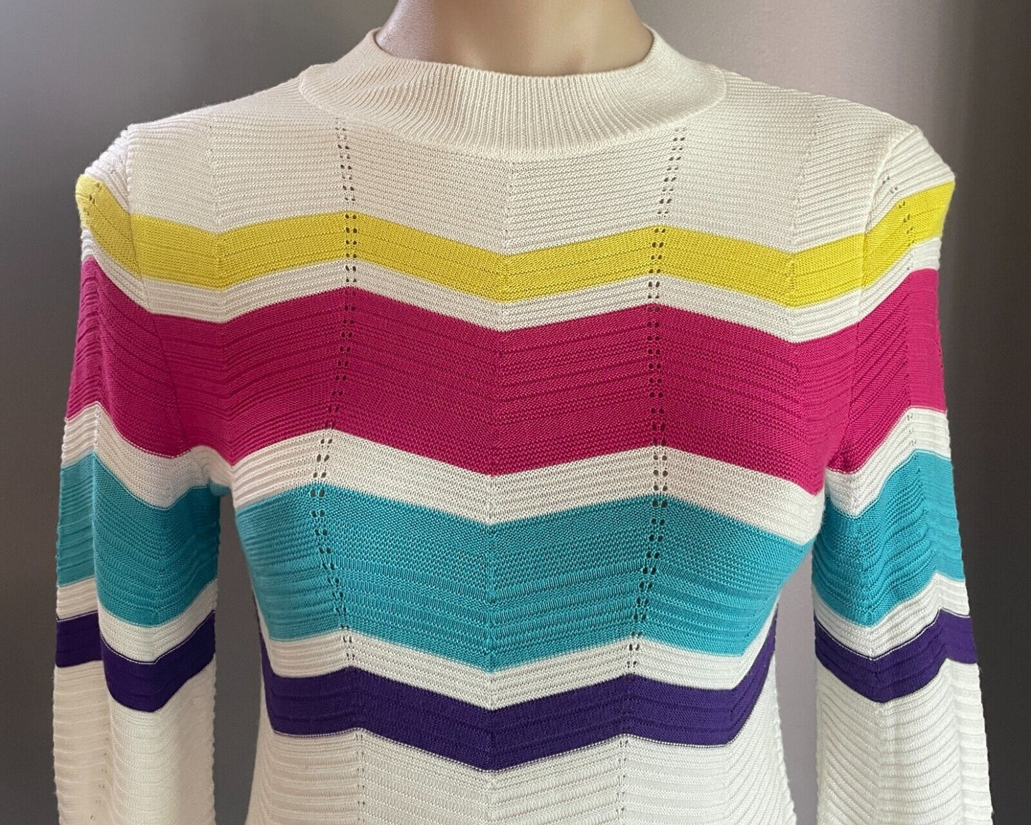 TOPSHOP Sweater White & Multicoloured Zig Zag Pattern High Neck Fine Knit Sz 10