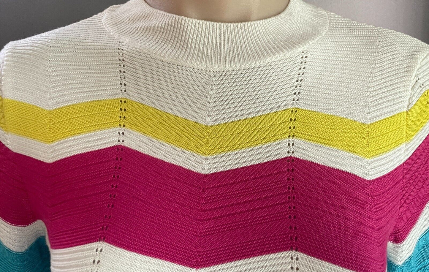 TOPSHOP Sweater White & Multicoloured Zig Zag Pattern High Neck Fine Knit Sz 10
