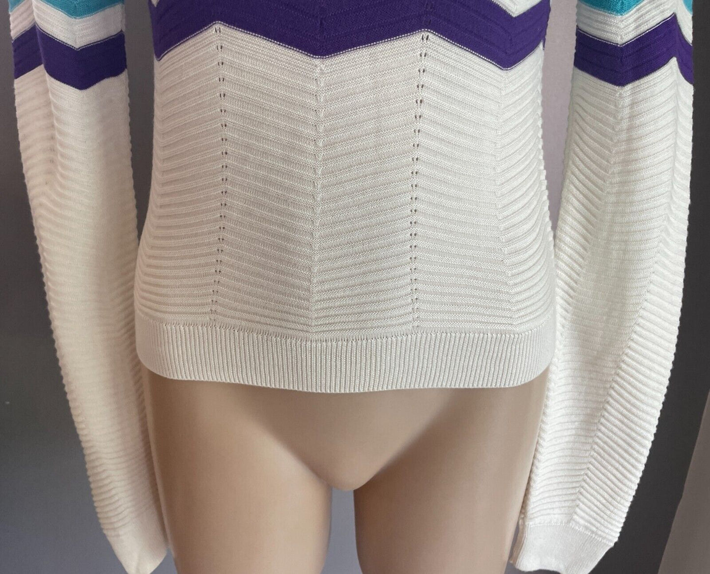 TOPSHOP Sweater White & Multicoloured Zig Zag Pattern High Neck Fine Knit Sz 10