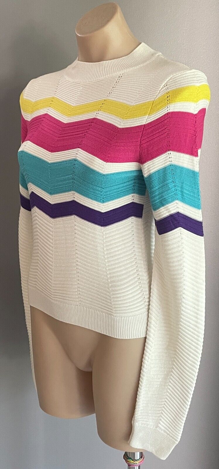 TOPSHOP Sweater White & Multicoloured Zig Zag Pattern High Neck Fine Knit Sz 10