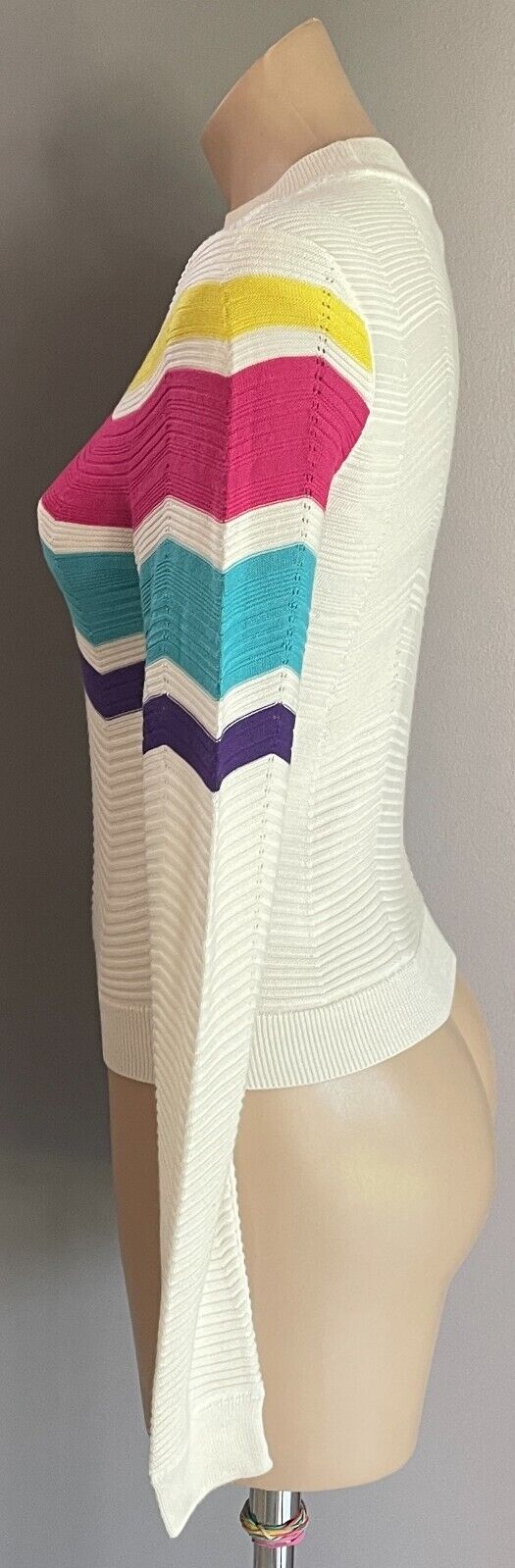 TOPSHOP Sweater White & Multicoloured Zig Zag Pattern High Neck Fine Knit Sz 10
