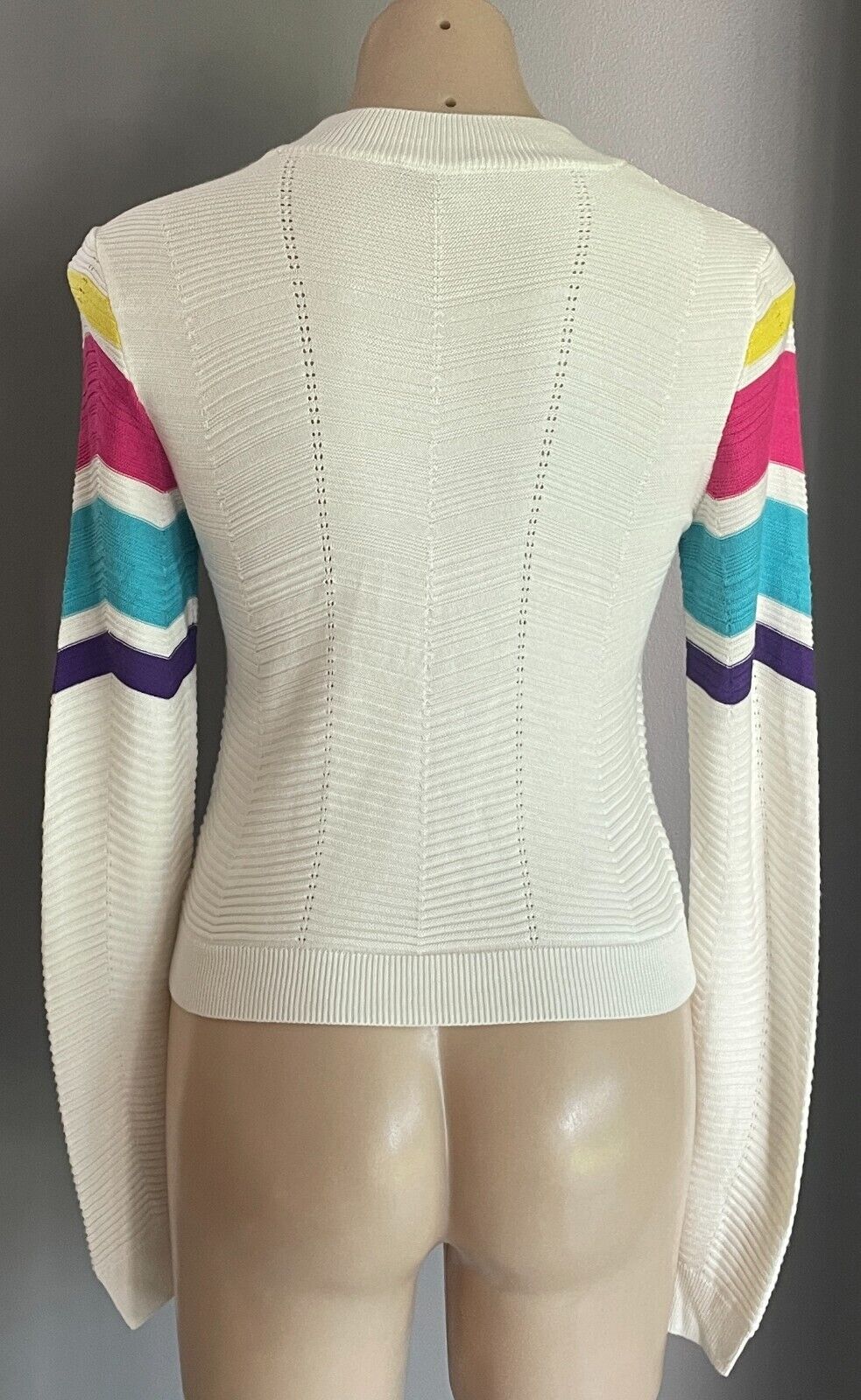 TOPSHOP Sweater White & Multicoloured Zig Zag Pattern High Neck Fine Knit Sz 10