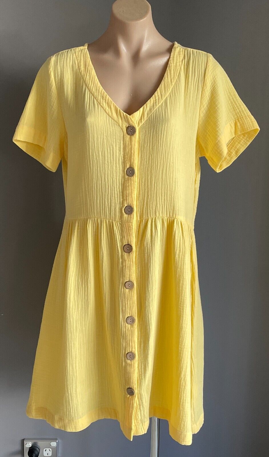 ROCKMANS Yellow Short Sleeve Dress Size 12 Cotton Button Front Knee Length