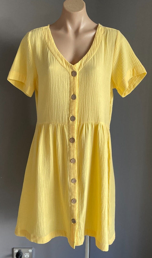 ROCKMANS Yellow Short Sleeve Dress Size 12 Cotton Button Front Knee Length