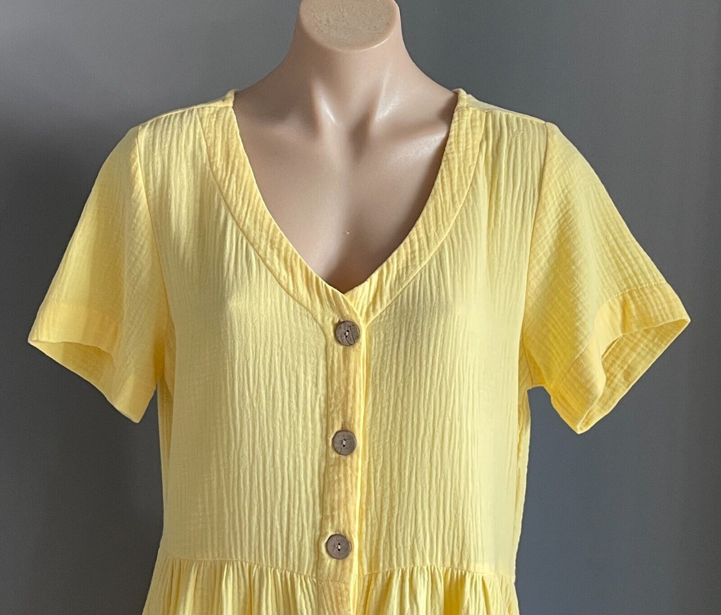 ROCKMANS Yellow Short Sleeve Dress Size 12 Cotton Button Front Knee Length