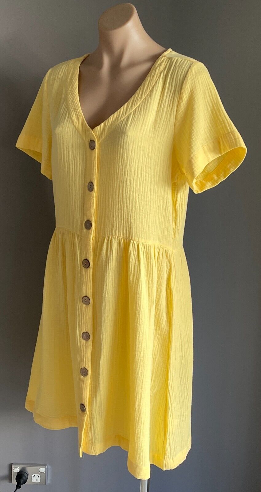 ROCKMANS Yellow Short Sleeve Dress Size 12 Cotton Button Front Knee Length