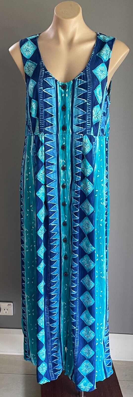EVERYDAY by ROCKMANS Maxi Dress Blues Green Abstract Button Front Long Size 14