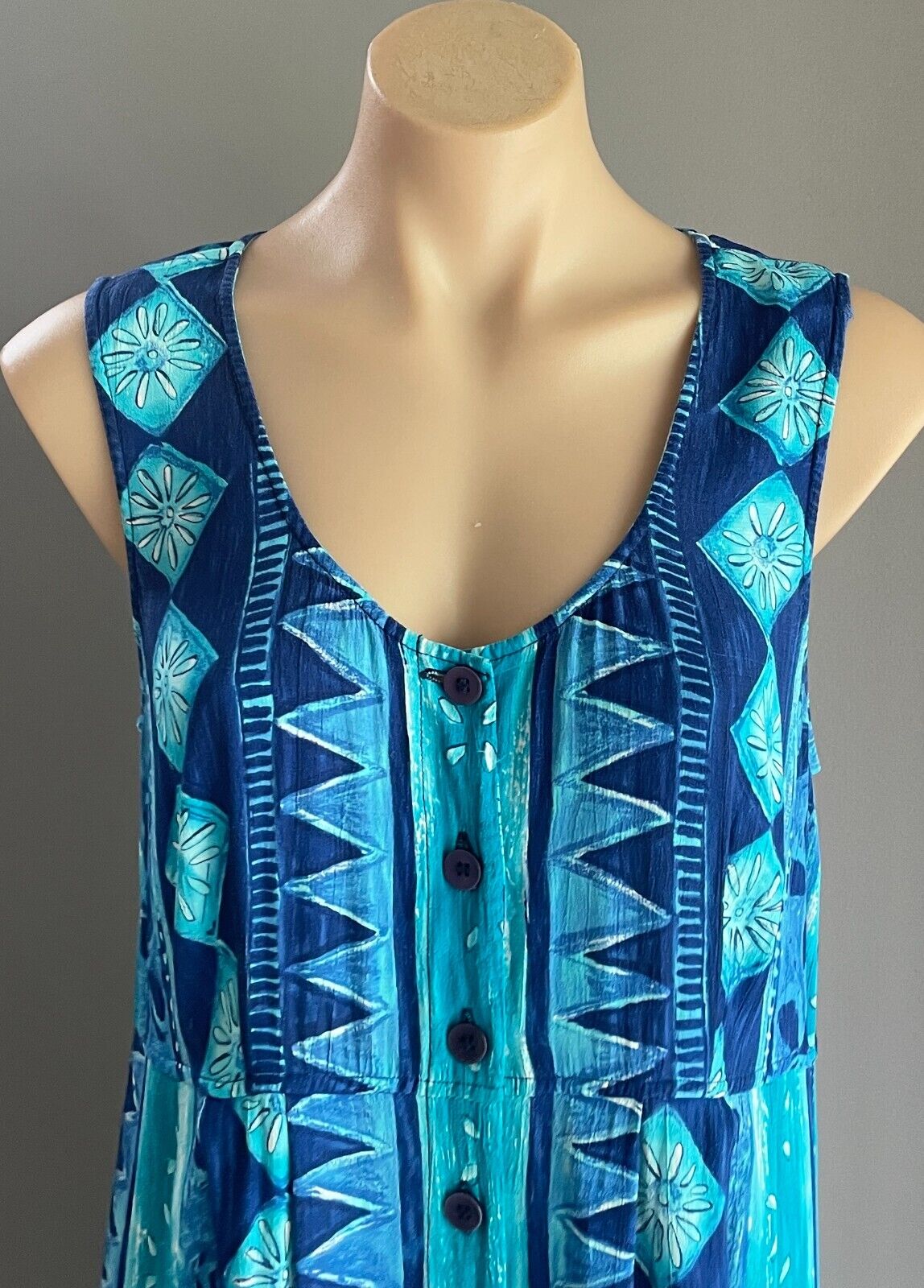 EVERYDAY by ROCKMANS Maxi Dress Blues Green Abstract Button Front Long Size 14