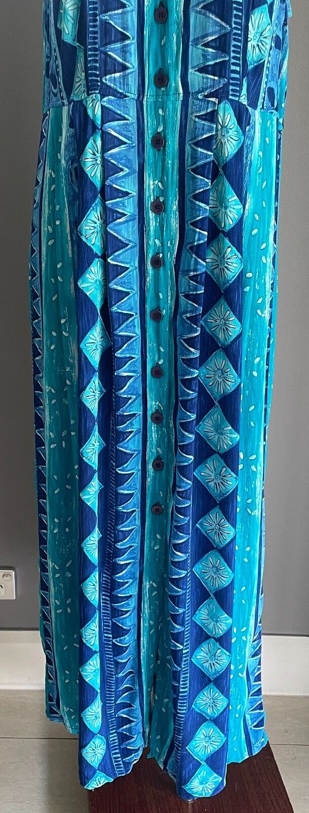 EVERYDAY by ROCKMANS Maxi Dress Blues Green Abstract Button Front Long Size 14